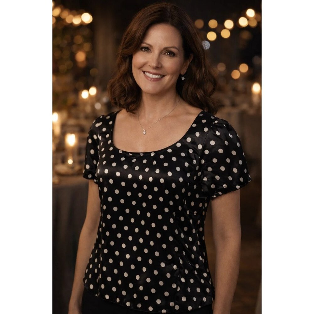 White House Black Market size 12 Silk Stretch Black & White Polka Dot Blouse